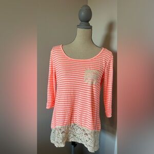 Orange Creek Coral and Cream Striped Blouse with Lace Hem